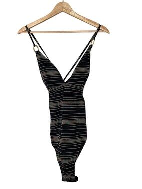 Trina Turk Black Striped Tie-Back One Piece Swim Suit